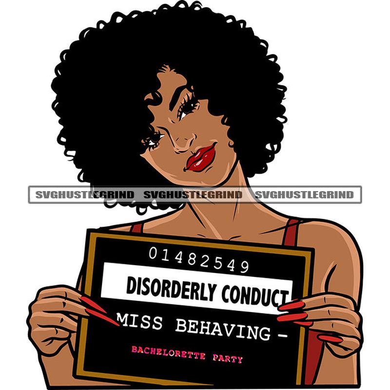 01482549 Disorerly Conduct Miss Behaving Afro Girls Hand Holding Board Smile Face African American Woman Curly Hairstyle Long Nail Design Element White Background SVG JPG PNG Vector Clipart Cricut Sil