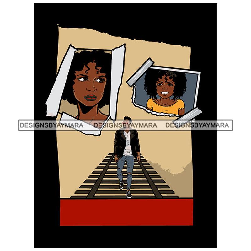 2 Black Woman Girl Curly Hairs Man Walking Railway Track Boy Wearing Ripped Jeans Shirt Sneakers Tattoo Magic Melanin Nubian African American Lady SVG JPG PNG Vector Clipart Cricut Silhouette Cut Cutt