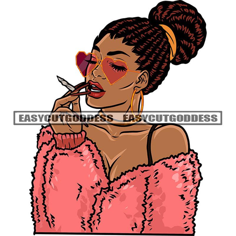 African American Woman Hand Holding Marijuana Roll Wearing Heart Design Sunglass Vector Locus Hairstyle Afro Sexy Woman White Background SVG JPG PNG Vector Clipart Cricut Silhouette Cut Cutting