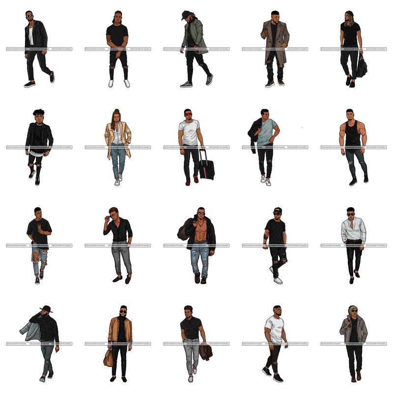 Bundle 20 Afro Black Latino Man Handsome Bearded Men Strong Fit Sexy Fashion Model Melanin African American Male PNG JPG SVG Cutting Files For Silhouette Cricut and More!