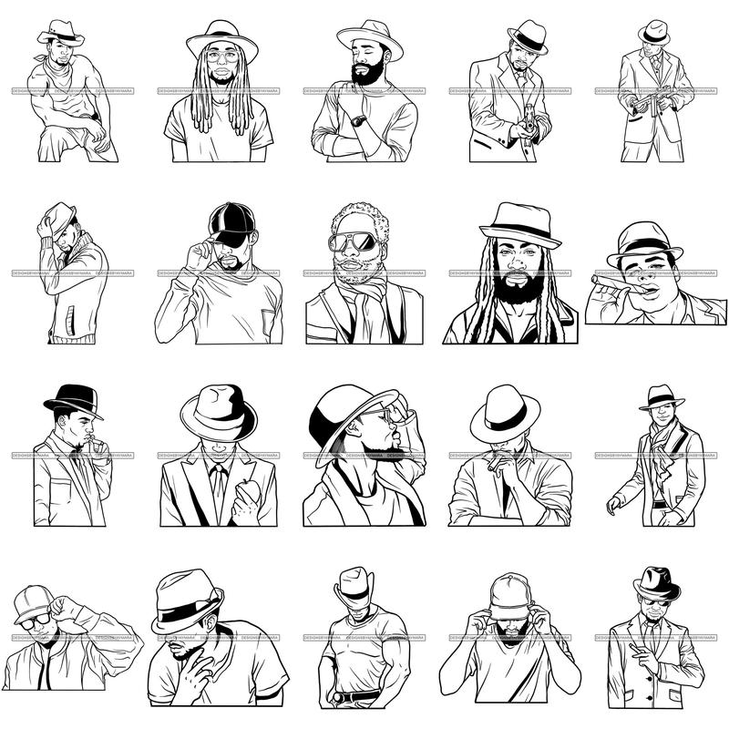 Bundle 20 Afro Black Man Fedora Hat Handsome Bearded Men Fashion Melanin African American Male PNG JPG SVG Cutting Files For Silhouette Cricut and More!