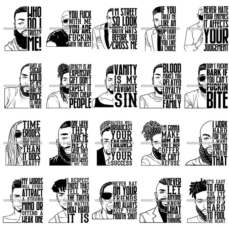 Bundle 20 Afro Black Man Life Quotes Half Face Men Melanin African American Male PNG JPG SVG Cutting Files For Silhouette Cricut and More!