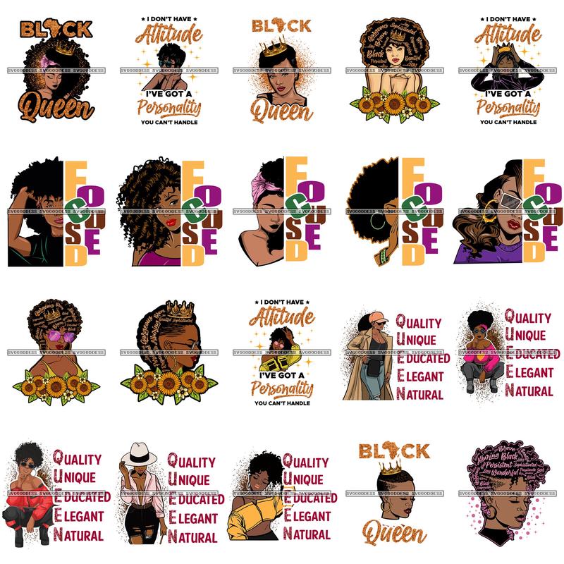 Bundle 20 Afro Black Woman I Don\'t Have Attitude Focused Black Queen Quotes Diva Layered SVG Cut Files For Silhouette Cricut and More!