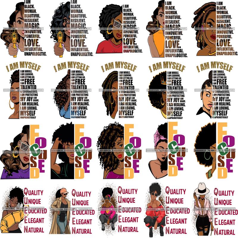 Bundle 20 Afro Black Woman I\'m Myself Focused Educated Quotes Diva Layered SVG Cut Files For Silhouette Cricut and More!