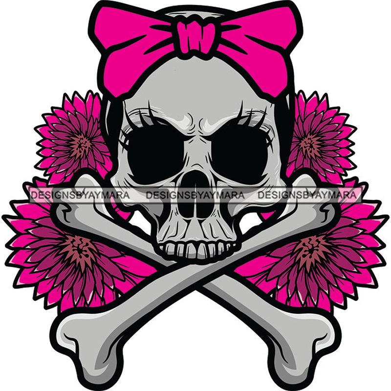 Female Skull Pink Bow Flowers Skeleton Dead Death Tattoo Ideas Vector Designs For T-Shirt and Other Products SVG PNG JPG Cut Files For Silhouette Cricut and More!