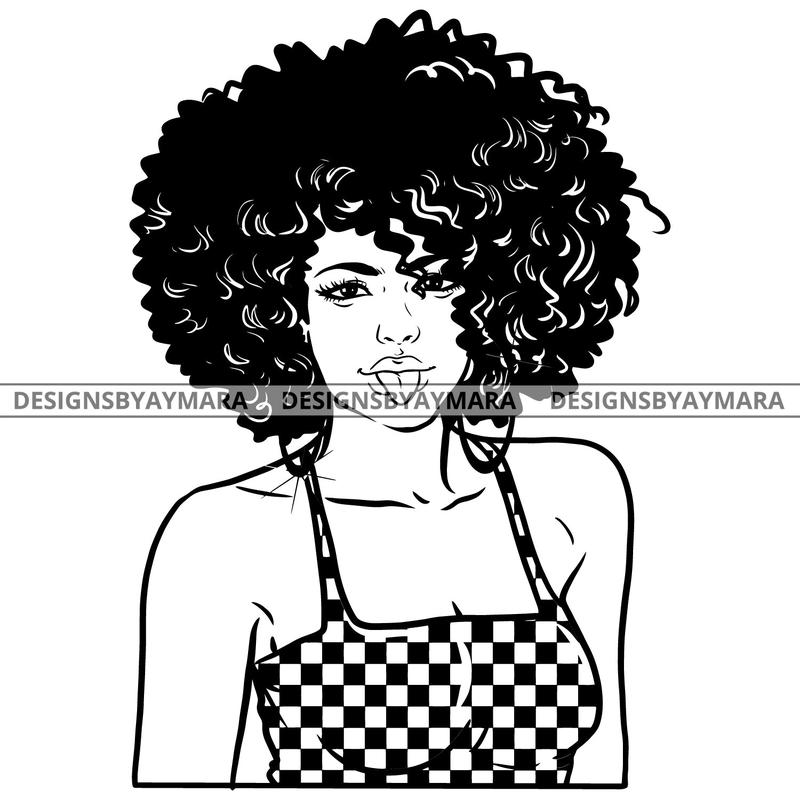 Afro Attractive Attitude Urban Girl Boss Lady Queen Melanin Bamboo Hoop Earrings Curly Hair Style  B/W SVG Cutting Files For Silhouette Cricut More