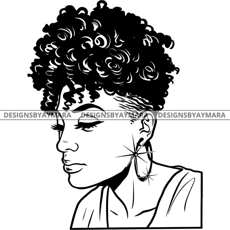 Afro Attractive Cute Urban Girl Boss Lady Queen Melanin  Bamboo Hoop Earrings  Short Curly Hair Style  B/W SVG Cutting Files For Silhouette Cricut More