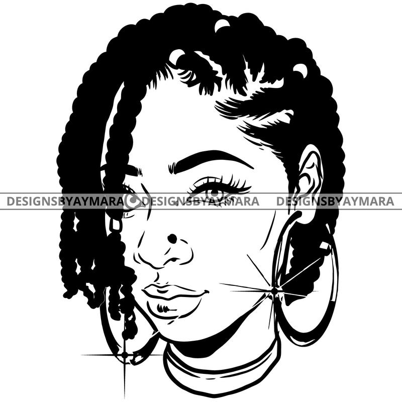 Afro Attractive Cute Urban Girl Boss Lady Queen Melanin Bamboo Hoop Earring Nose Piercing Braids Hair Style  B/W SVG Cutting Files For Silhouette Cricut More