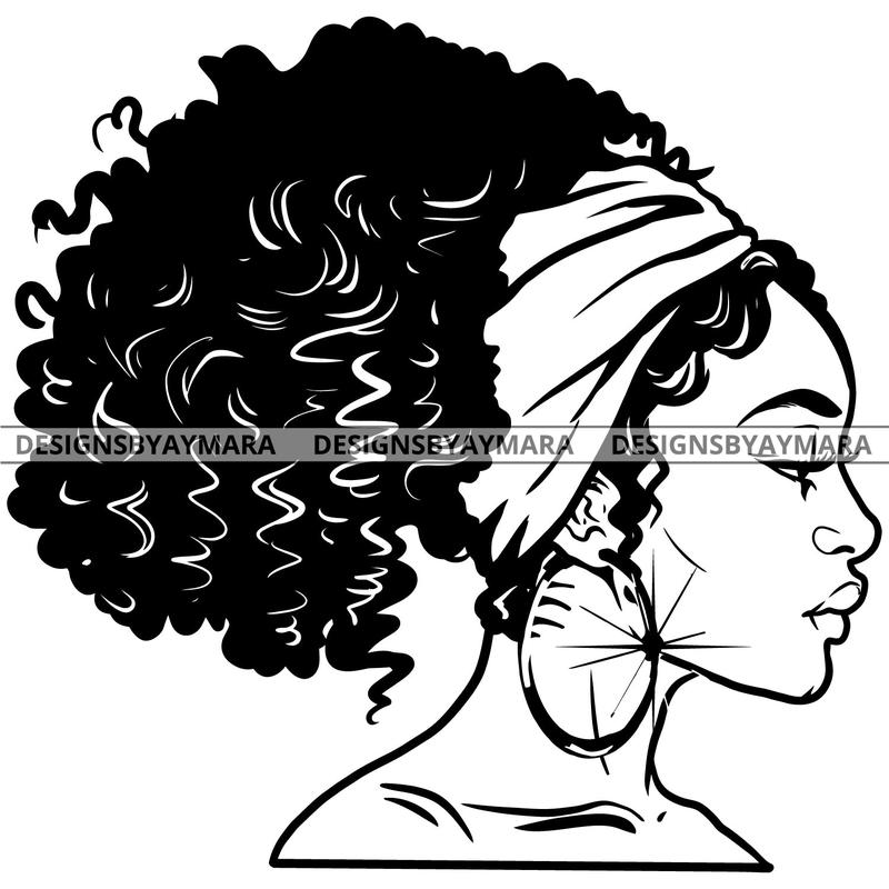 Afro Attractive Cute Urban Girl Boss Lady Queen Melanin Bamboo Hoop Earrings Curly Hair Style  B/W SVG Cutting Files For Silhouette Cricut More