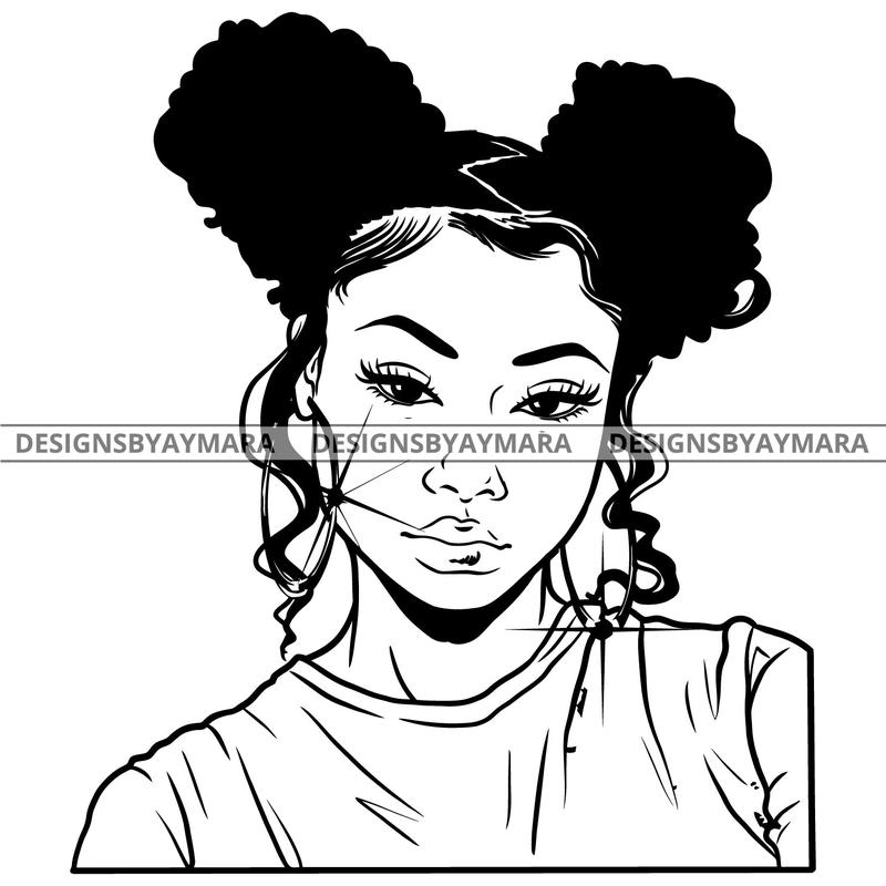 Afro Attractive Cute Urban Girl Boss Lady Queen Melanin Bamboo Hoop Earrings Curly Pigtails Hair Style B/W SVG Cutting Files For Silhouette Cricut More