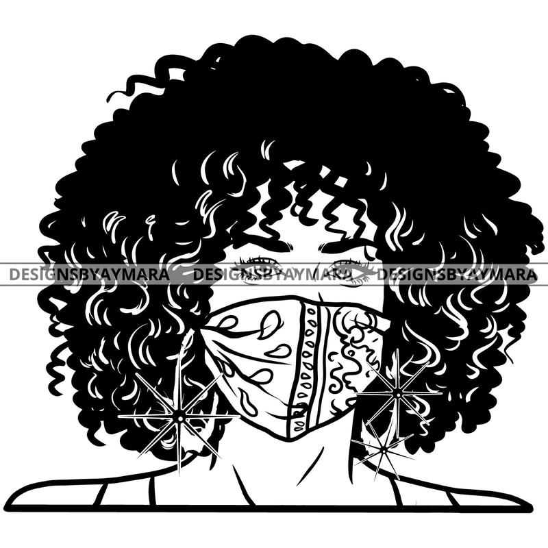 Afro Attractive Cute Urban Girl Boss Lady Queen Melanin Face Mask Bamboo Hoop Earrings Afro Hair Style  B/W SVG Cutting Files For Silhouette Cricut More