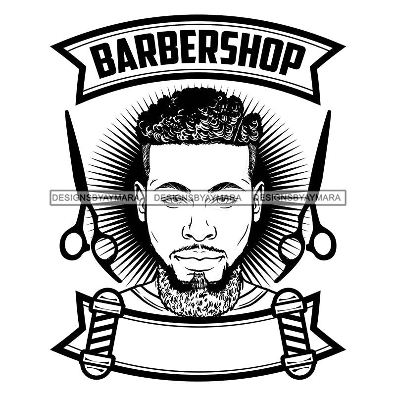 Afro Bearded Black Man Barbershop Logo Scissors Attractive Manly Mustache B/W SVG JPG PNG Vector Clipart Cricut Silhouette Cutting