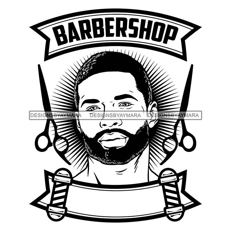 Afro Bearded Young Black Man Barbershop Logo Scissors Attractive Manly Mustache B/W SVG JPG PNG Vector Clipart Cricut Silhouette Cutting