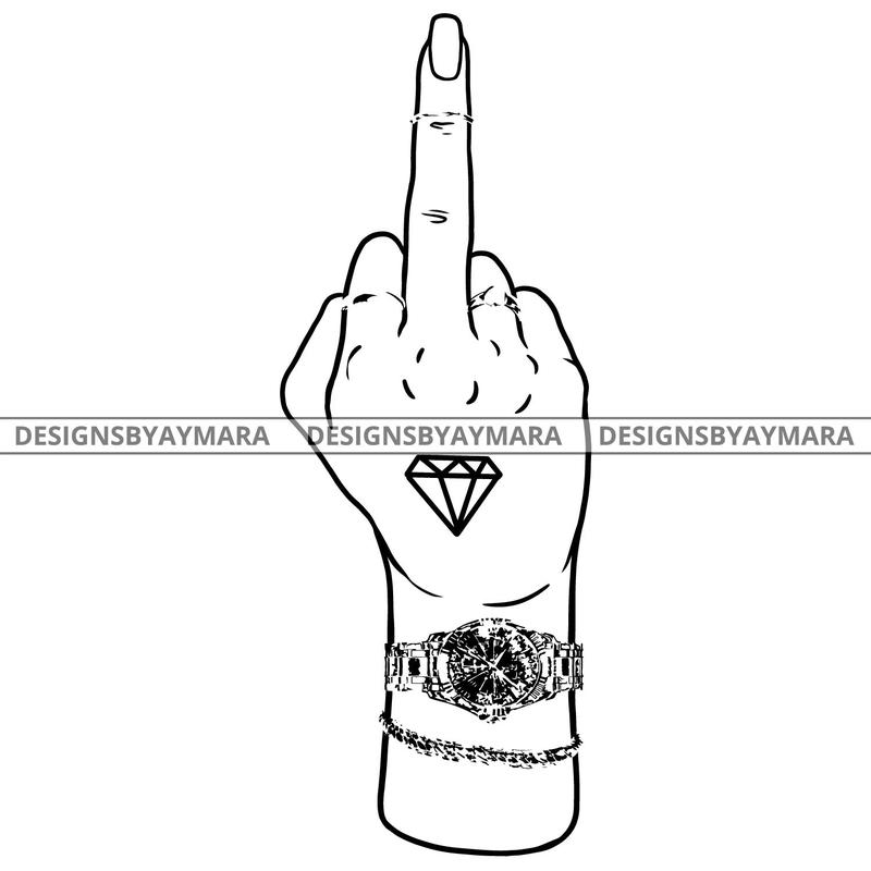 Afro Black Woman Middle Finger F*** Diamond Tattoo Rings Watch Bracelet Single Hand B/W SVG JPG PNG Vector Clipart Cricut Silhouette Cut Cutting