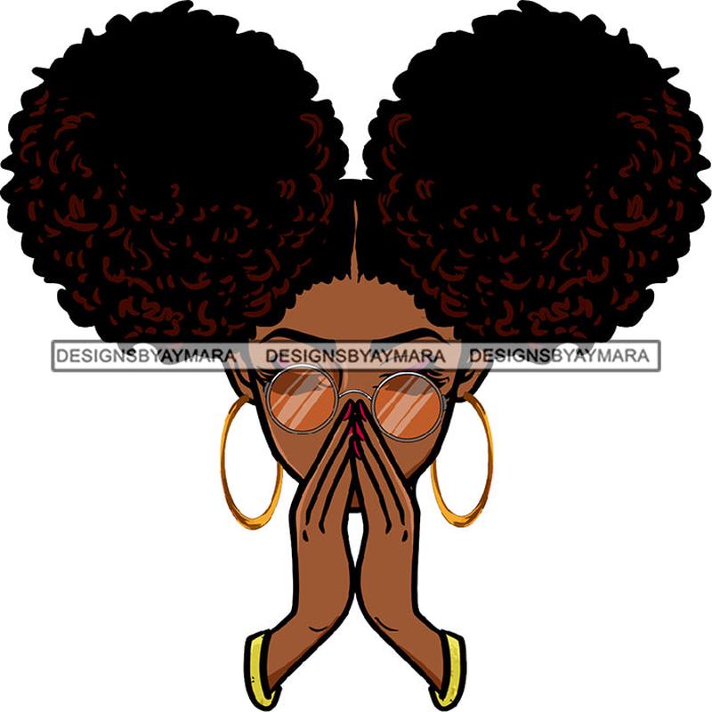 Afro Black Woman Praying Melanin Bamboo Hoop Earrings Sunglasses Puffy Pigtails Hairstyle SVG JPG PNG Cutting Files For Silhouette Cricut More
