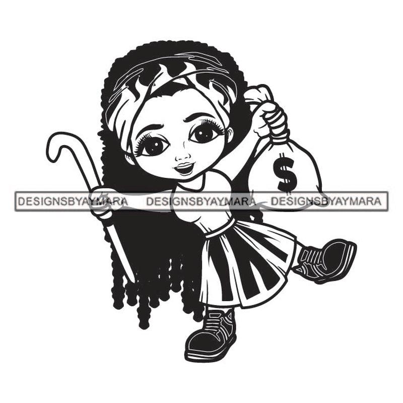 Afro Cute Lola Dancing cane Money Gag Hustler Melanin Woman Money Maker Independent Business Girl Cash Money Dollar Sign Designs For T-Shirt and Other Products SVG PNG JPG Cutting Files For Silhouette