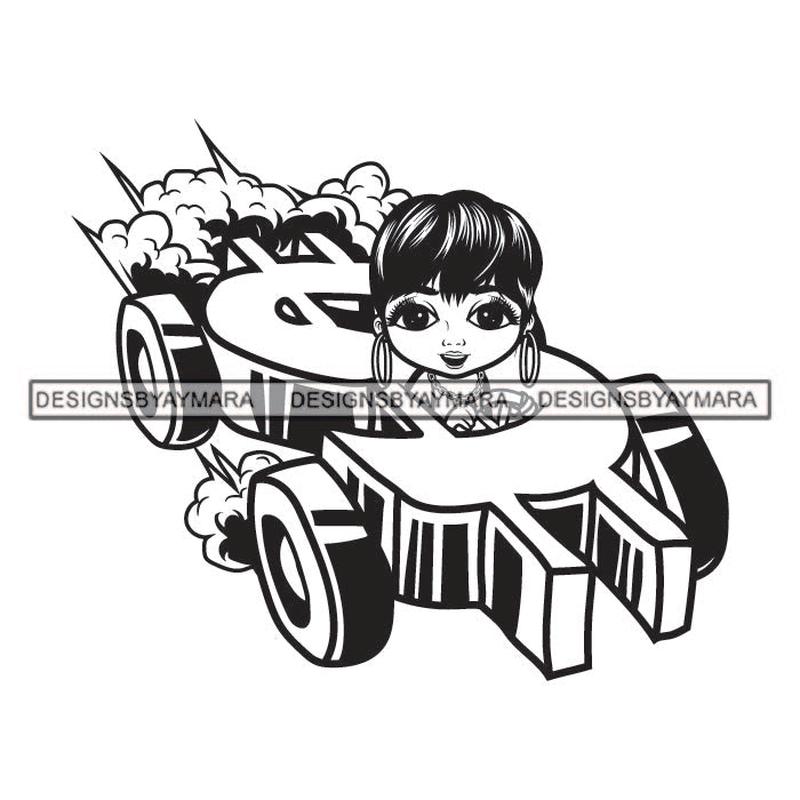 Afro Hustler Melanin Money Luxury Car Woman Money Maker Independent Business Girl Cash Money Dollar Sign Designs For T-Shirt and Other Products SVG PNG JPG Cutting Files For Silhouette Cricut and More