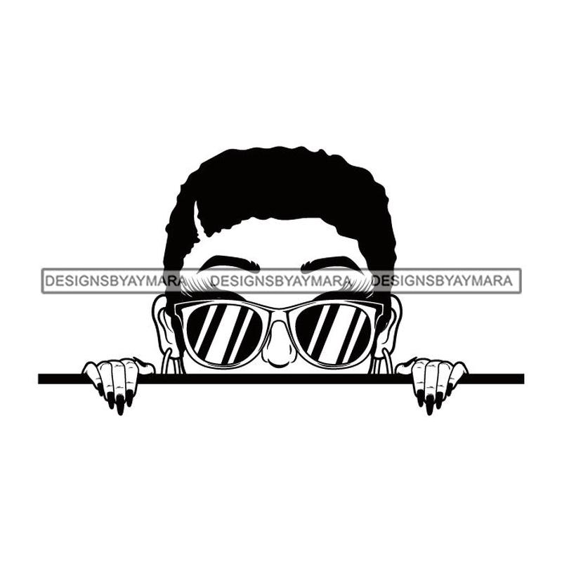 Afro Lili Black Girl Woman Peeking Peekaboo Glasses Nails Nubian Queen Melanin Short Hair Style B/W SVG Cutting Files For Silhouette Cricut More