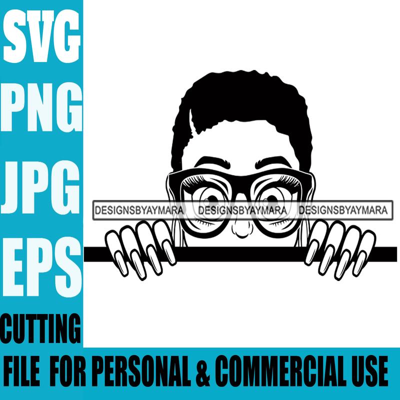 Afro Lili Black Girl Woman Peeking Peekaboo Glasses Nails Nubian Queen Melanin Short Hair Style Personal & Commercial Use B/W SVG Cutting Files For Silhouette Cricut More