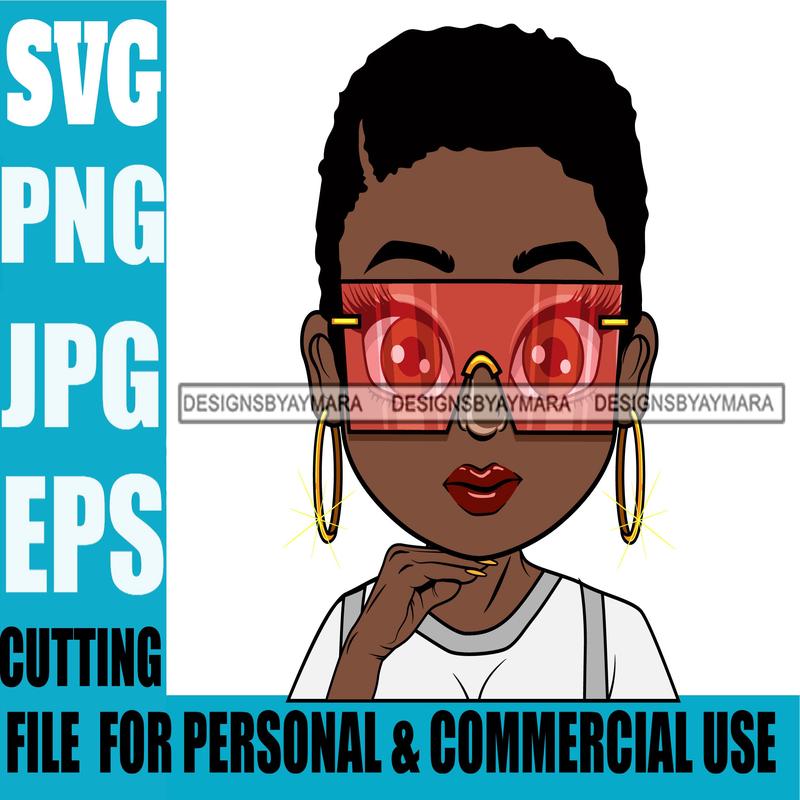 Afro Lili Black Girl Woman Sunglasses Hoop Earrings Glamour Queen Melanin Short Hair Style Personal & Commercial Use SVG Cutting Files For Silhouette Cricut More