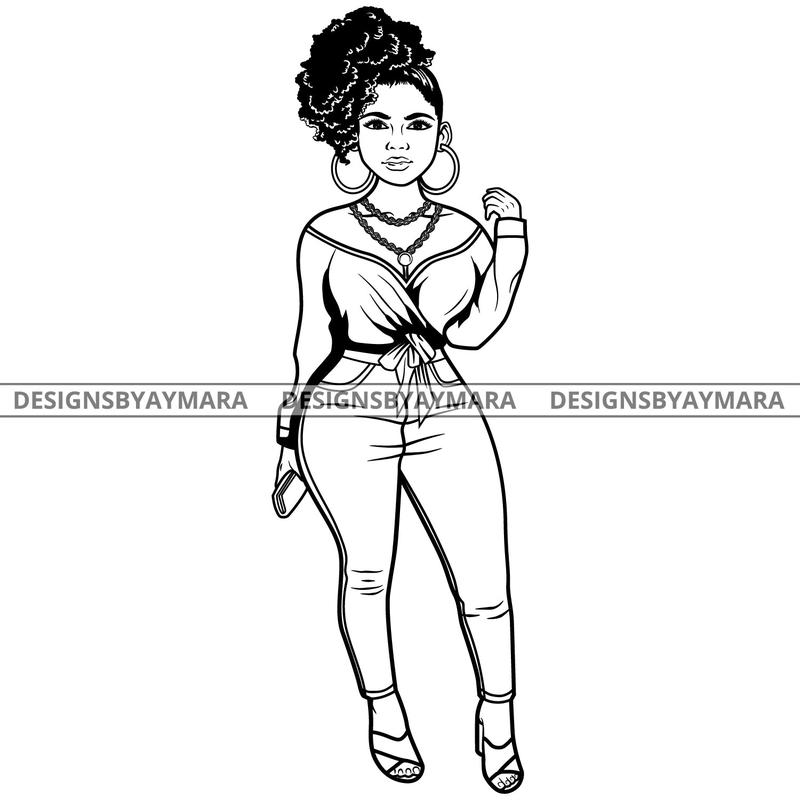 Afro Lola Attractive Urban Girl Boss Lady Queen Melanin Hoop Earrings Classy Curly Up Do Hair Style  B/W SVG Cutting Files For Silhouette Cricut More