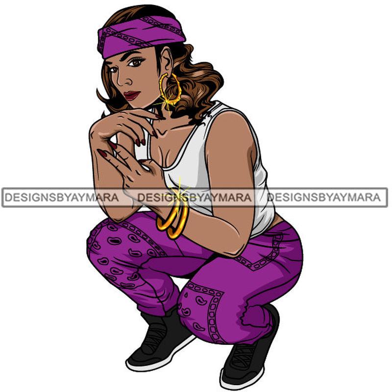 Afro Lola Goddess Urban Girl Pretty Woman Bandana Long Wavy Hair Style Bamboo Earrings Bracelets Squatting  SVG Cutting Files For Silhouette Cricut