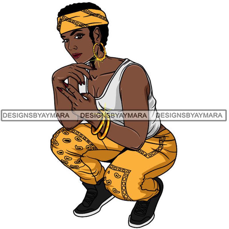 Afro Lola Goddess Urban Girl Pretty Woman Bandana Short Hair Style Bamboo Earrings Bracelets Squatting  SVG Cutting Files For Silhouette Cricut