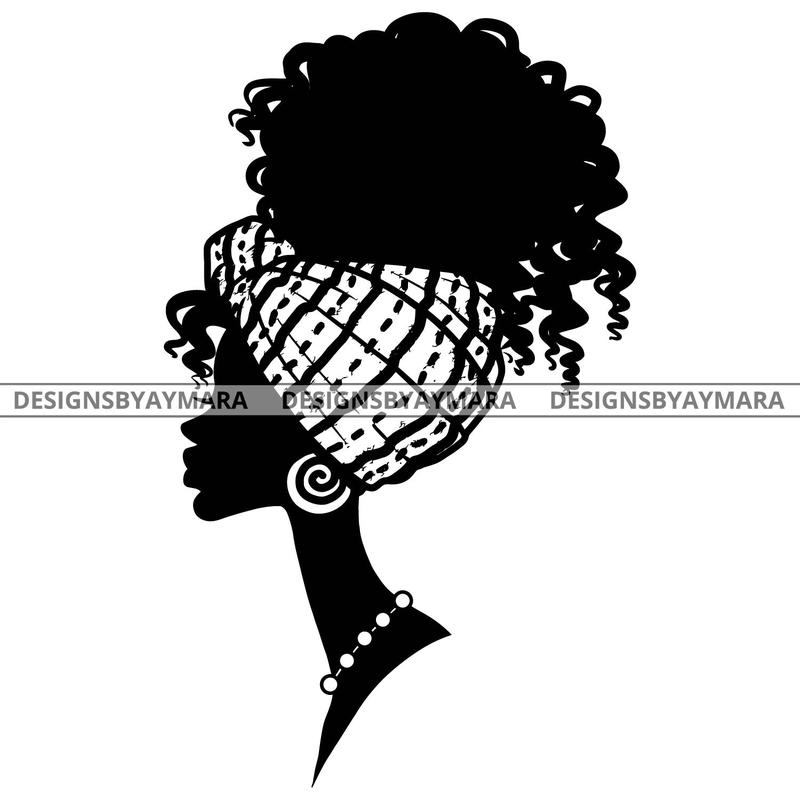 Afro Queen Woman Head Black Silhouette Hair Scarf Headband Earrings Necklace B/W SVG JPG PNG Vector Clipart Cricut Silhouette Cut Cutting