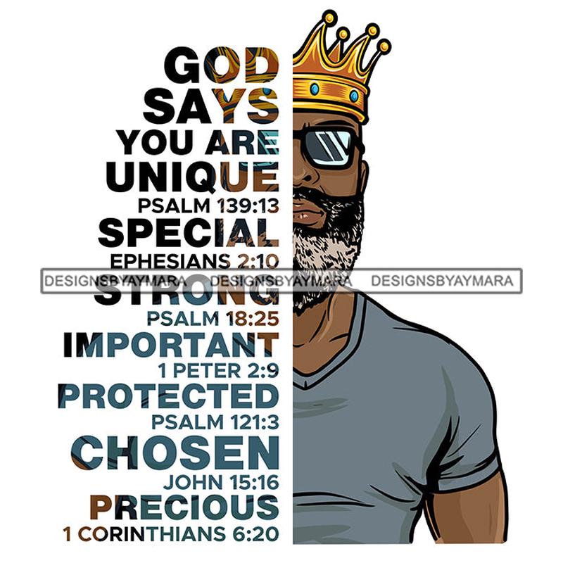 Afro Sexy Man King Half Body God Says Religious Quotes Beard Sunglasses Crown White Background SVG JPG PNG Vector Clipart Cricut Silhouette Cut Cutting