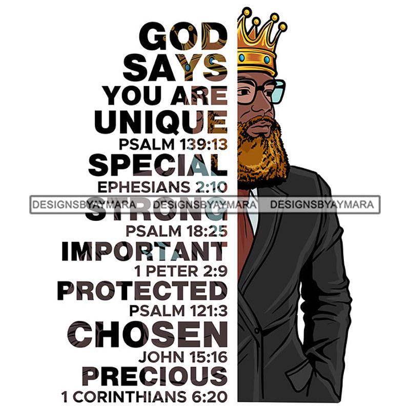 Afro Sexy Man King Half Body God Says Religious Quotes Blonde Beard Sunglasses Crown White Background SVG JPG PNG Vector Clipart Cricut Silhouette Cut Cutting