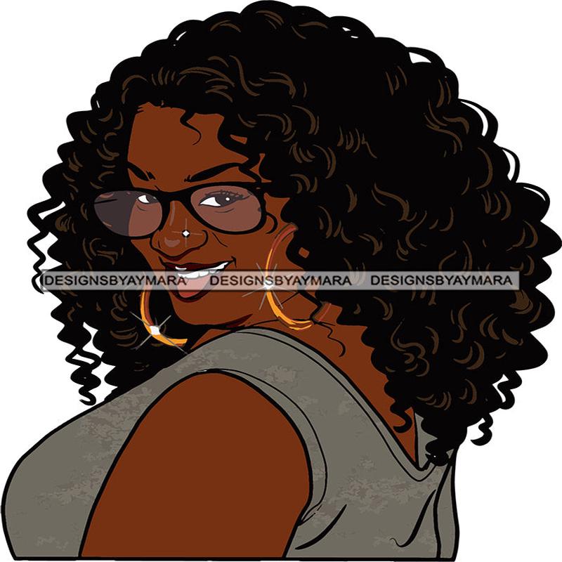Afro Urban Street  Ghetto Girls Babe Hoop Earrings Sexy Lips Tongue Long Curly Hair Style Portrait Glasses SVG Cutting Files For Silhouette Cricut