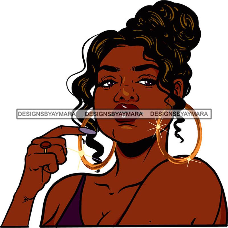 Afro Urban Street Hoop Earrings Sexy Lips Bun Up Do Hair Style Portrait Cleavage SVG Cutting Files For Silhouette Cricut