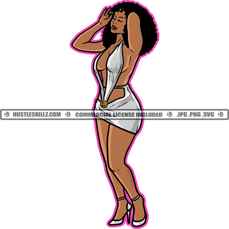 Afro Woman Beautiful Plus Size Curvy Breast Bodacious Sexy Outfit Standing Curly Hairstyle Vector Design Element SVG JPG PNG Vector Clipart Cricut Files