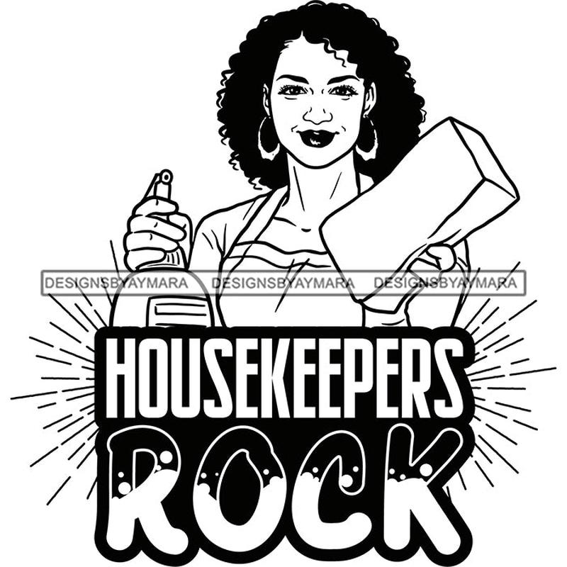 Afro Woman Cleaning Life Quotes Maid Housekeeper Bamboo Earrings Apron Sponge Curly Hair Style B/W SVG JPG PNG Cutting Files For Silhouette and Cricut