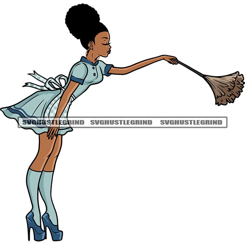 African American Cleaner Girl Standing And Hand Holding Cleaner Brush Afro Girls Close Eyes Afro Short Hairstyle Design Element White Background SVG JPG PNG Vector Clipart Cricut Silhouette Cut Cuttin