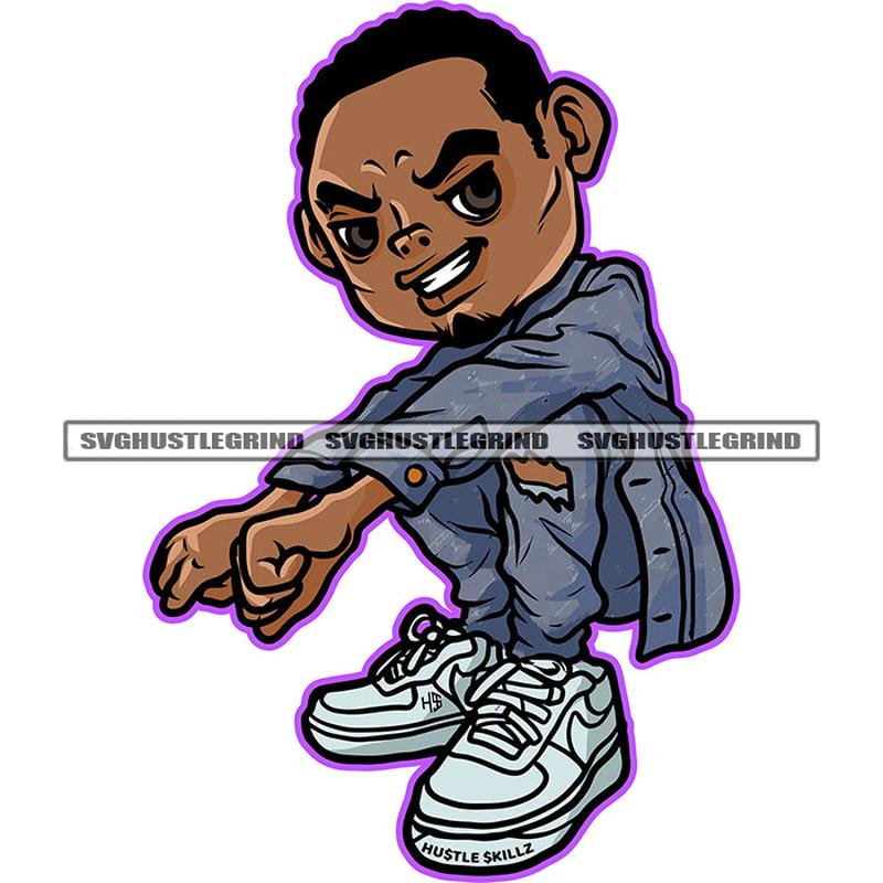 African American Gangster Man Sitting On Floor Smile Face Design Element Melanin Man Floor Locus Short Hair White Background SVG JPG PNG Vector Clipart Cricut Cutting Files