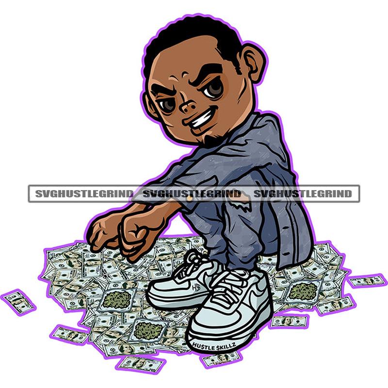 African American Gangster Man Sitting On Floor Smile Face Design Element Melanin Man Lot Of Money On Floor Locus Short Hair White Background SVG JPG PNG Vector Clipart Cricut Cutting Files