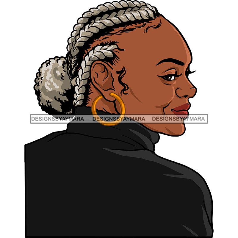 Afro Woman Mature Portrait Side View Nubian Black Top Classy Flawless Grey Braids Bun Hair SVG JPG PNG Designs Cricut Silhouette Cut Cuttings