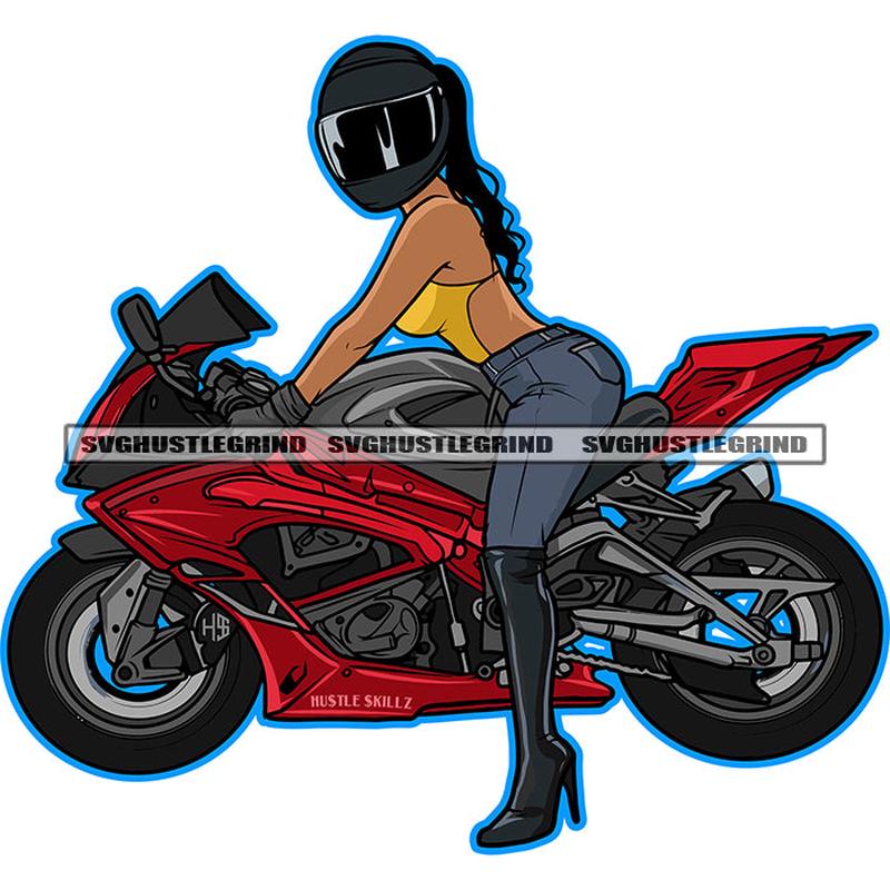 Afro Woman Riding Motorcycle Wearing Helmet Design Element Gorgeous Biker Scooter Queen Nubian Melanin Speed Race SVG JPG PNG Vector Clipart Cricut Cutting Files