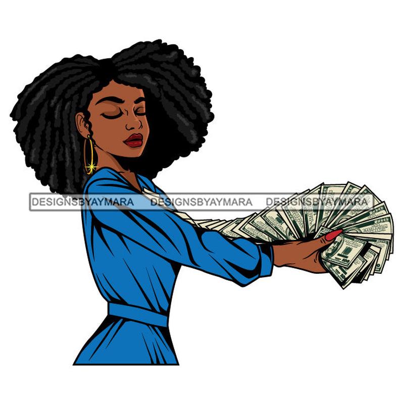 Afro Woman Side View Holding A Fan Money Showing Off  Blue Dress Afro Hairstyle SVG JPG PNG Vector Clipart Cricut Silhouette Cut Cutting